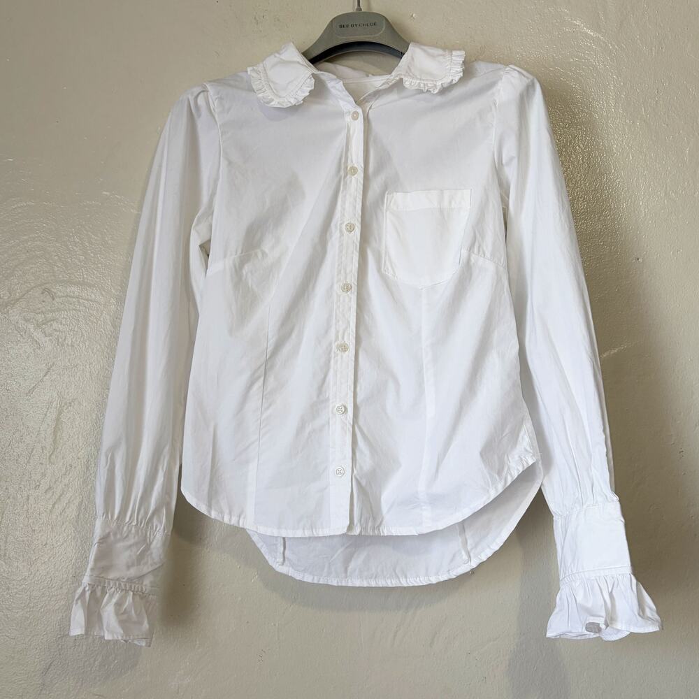 Anthropologie Maeve White Ruffle Collar Button Down Shirt Size S Cotton - Picture 2 of 10